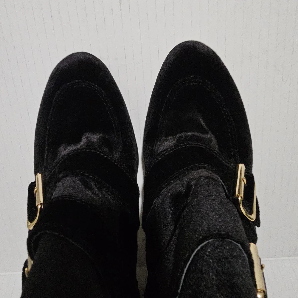 Black Velvet Double-Buckle Block Heel Booties
